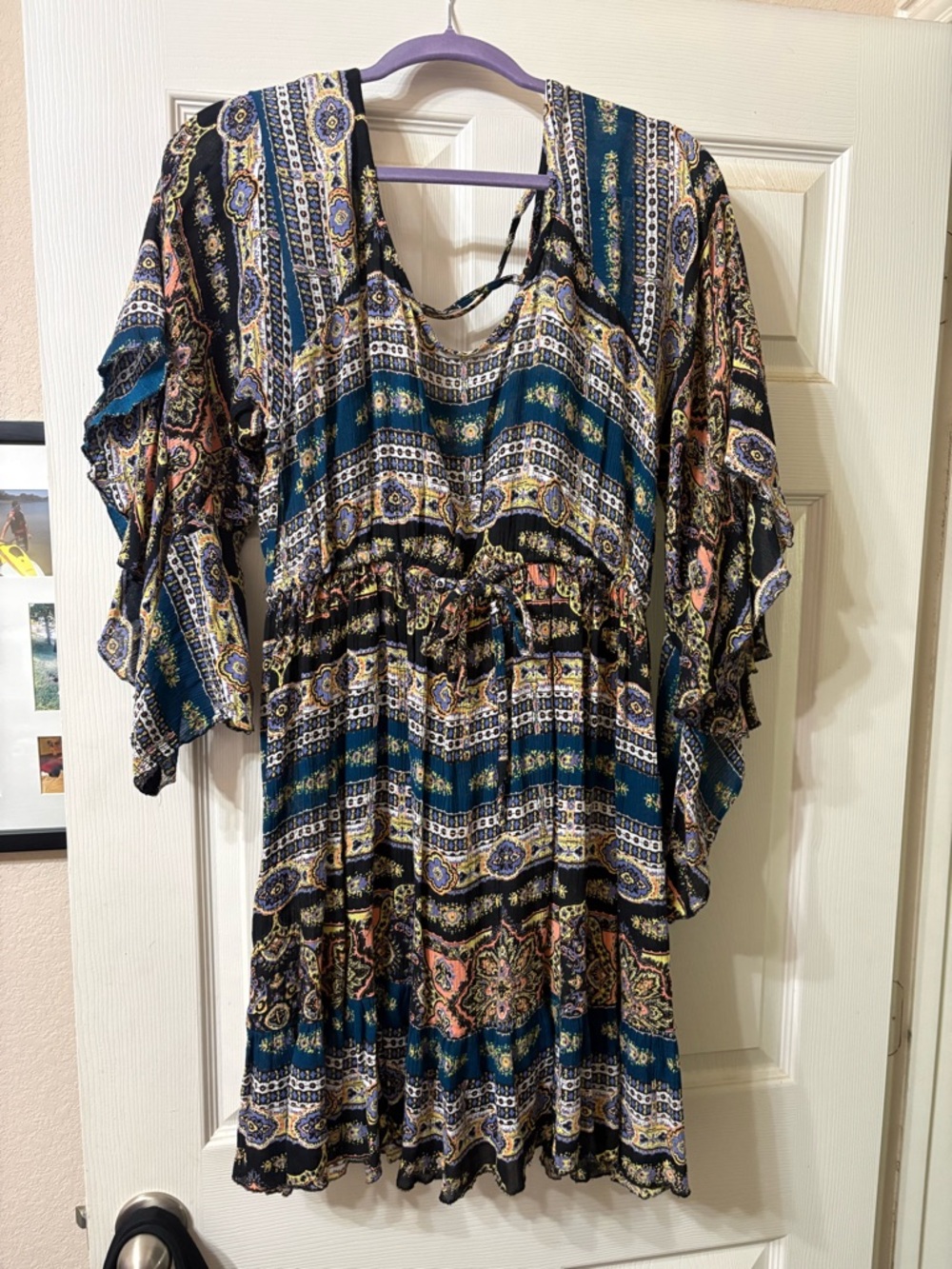 Boho Teal Multicolor Printed Smocked Waist Dress